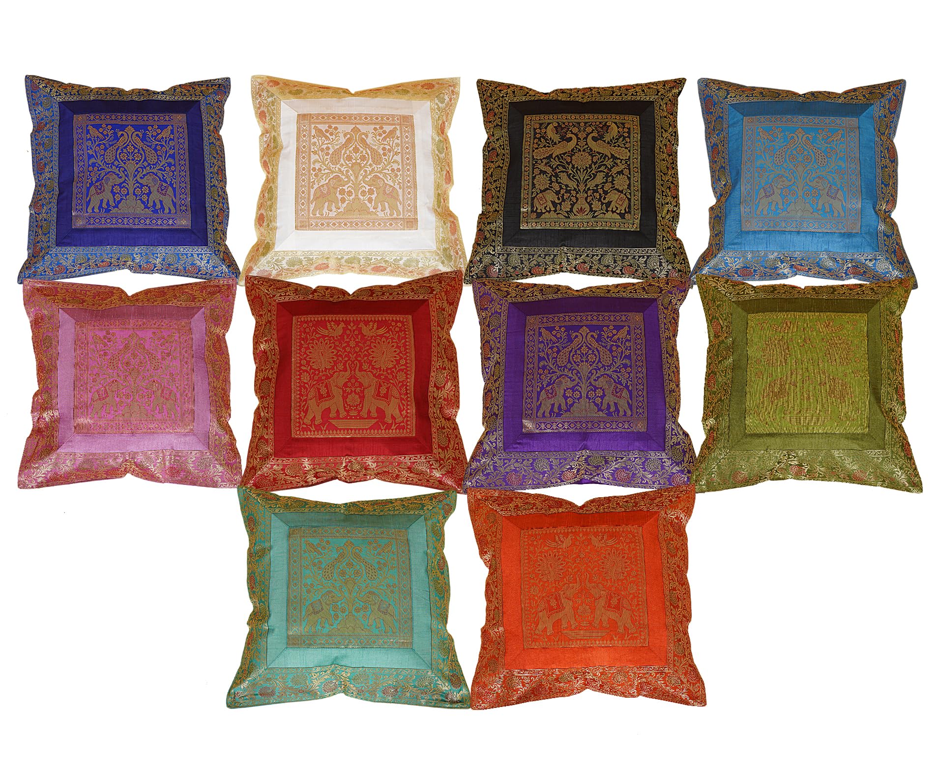 Rajasthali Multi Set Of 10 Pcs Indian 10 Pcs 20X20 Inch 50X50 Cm Elephant Banarsi Silk Indian Ethnic Bohemian Decorative Cushion Cover Handcrafted Patchwork Sari Throw Pillow Boho Decor Cushion Cover For Gift.