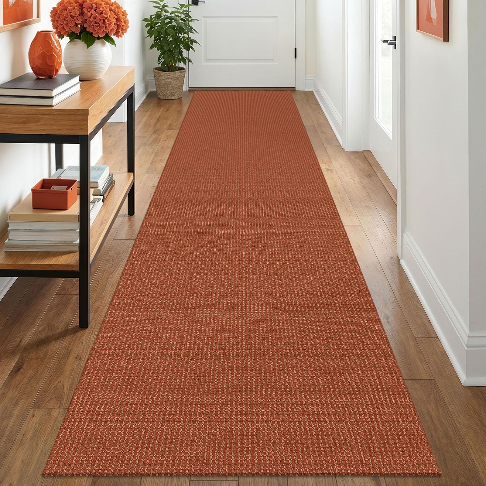 IOHOUZE Washable Runner Rug 2.6x12 Non Slip Rubber Backed Extra Long Hallway Runner Entryway Runner Indoor, Kitchen Rugs Woven Cotton Floor Carpet for Hall Entrance, Burnt Orange/Tan