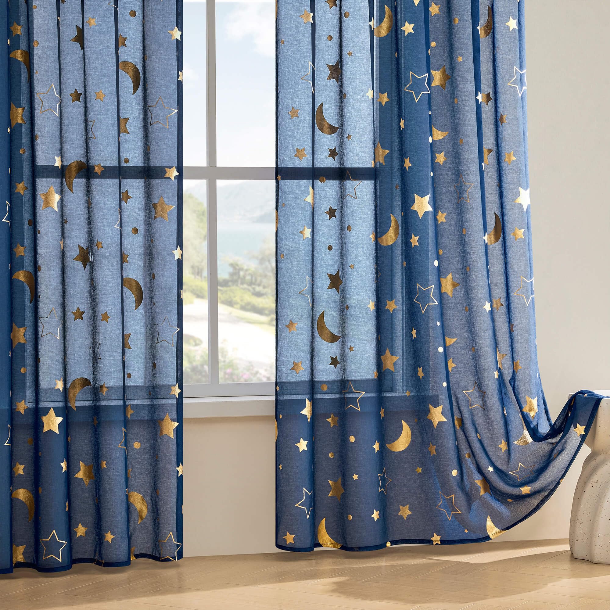 WUBODTI Sheer Star Curtains for Kids Room Nursery 63 Inch Length, Gold Moon and Star Patterned Semi Sheer Space Curtains for Boys Room Rod Pocket Faux Linen Short Drapes 2 Panels, Navy Blue โ image 1