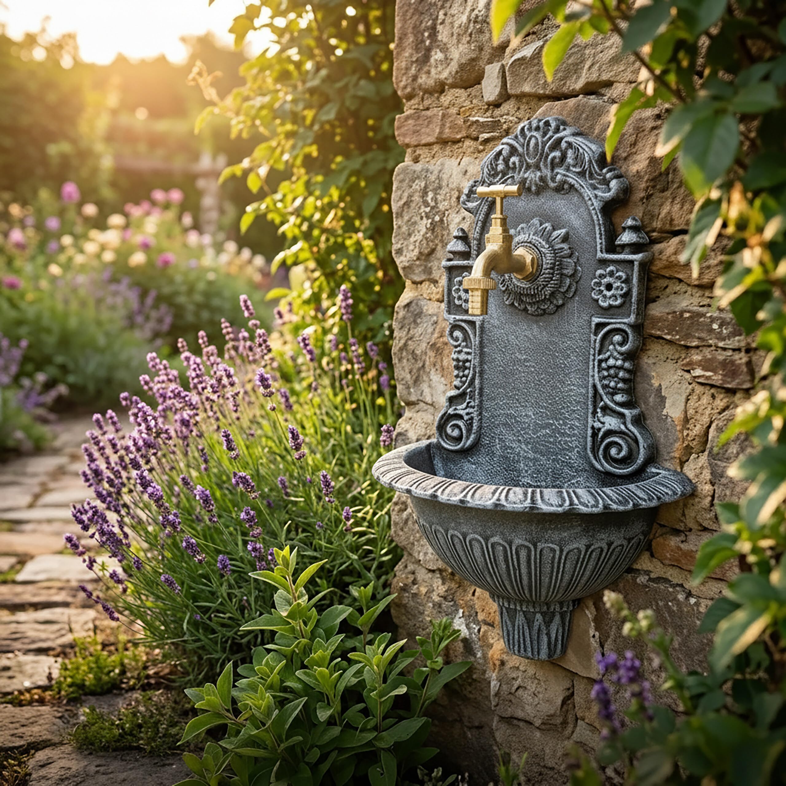 Relaxdays Fontaine Murale Antique avec Robinet, lavabo de Jardin en Fonte d'aluminium, Gris, H x L x P 40 x 24,5 x 13 cm