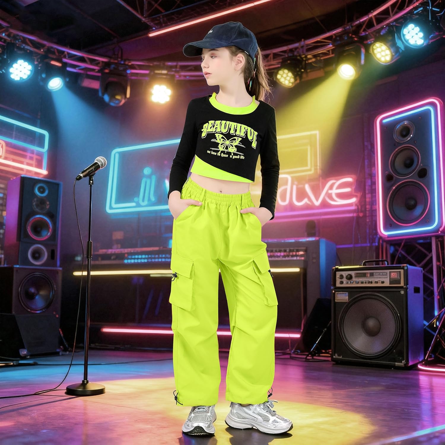 LOLANTA Girls Hip Hop Dance Clothes 2 Piece Outfits Jazz Team Long Sleeve Crop Top Cargo Pants Set - Image 5