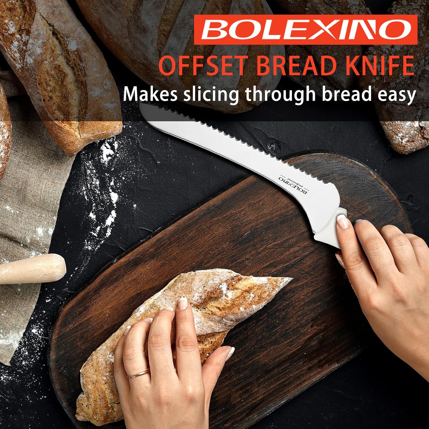 9 Inch Offset Serrated Bread Knife Set, High Carbon Stainless Steel Multi-Purpose Kitchen Knife for Homemade Bread, Crusty Breads, Cake, Bagel