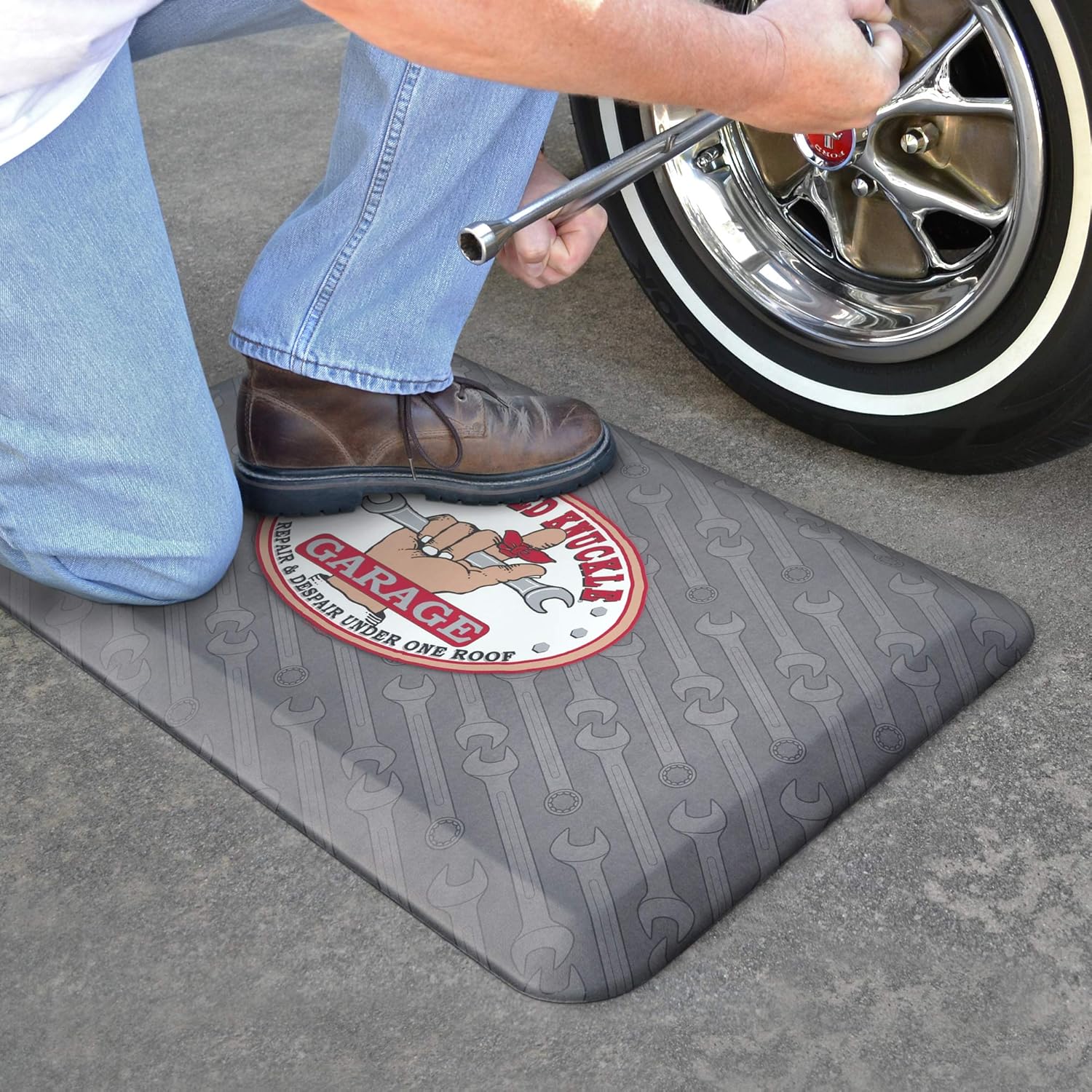 Busted Knuckle by GelPro ¾” Thick Energy Return Foam Garage Mat for Standing, Grey Wrench, 20"x32"