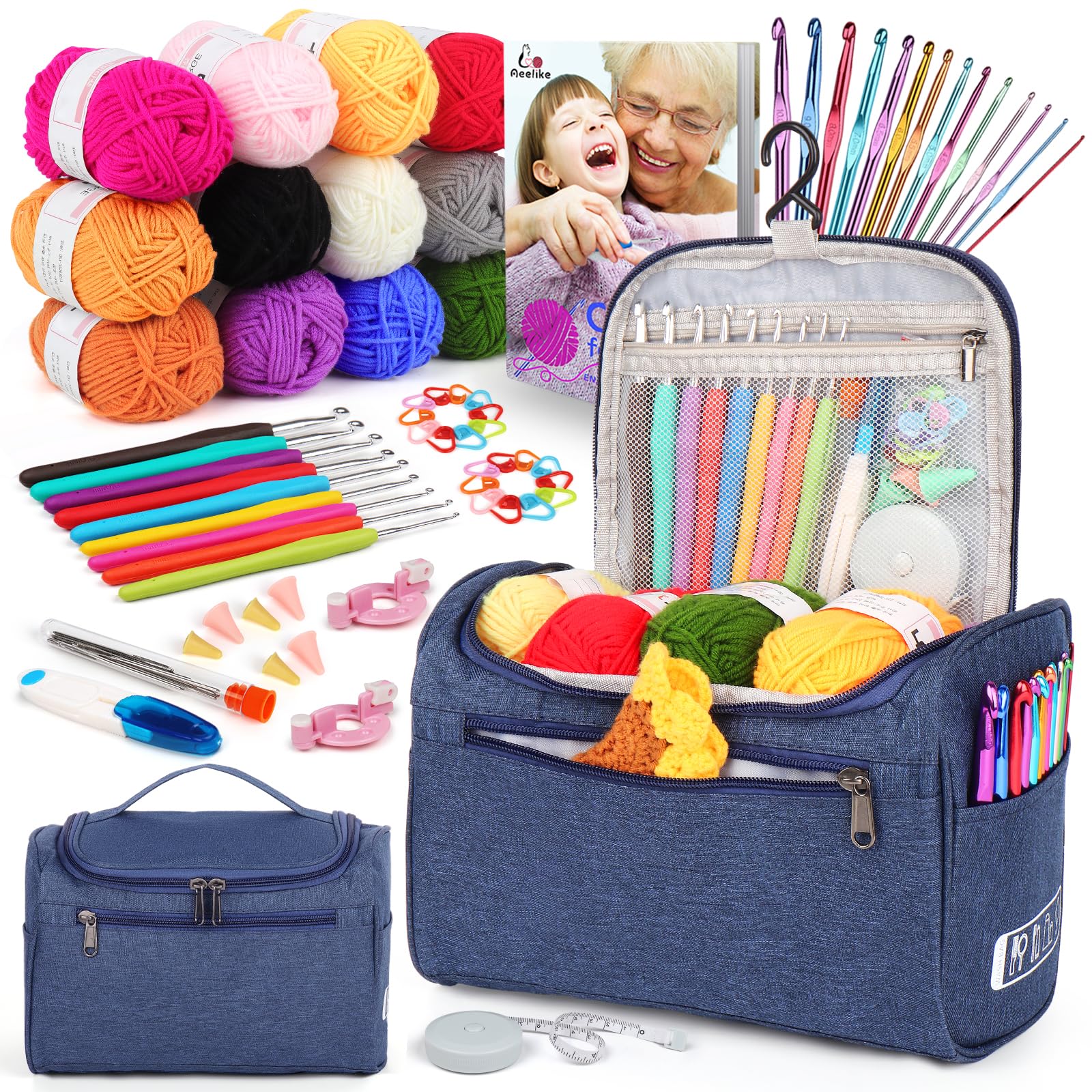 Aeelike Crochet Kits for Adults Beginners Crochet Kit with 12Pcs x 25g Crochet Yarns Instruction Ergonomic Metal Crochet Hooks 2mm-10mm Knitting Accessories Storage Bag Crochet Starter Kit