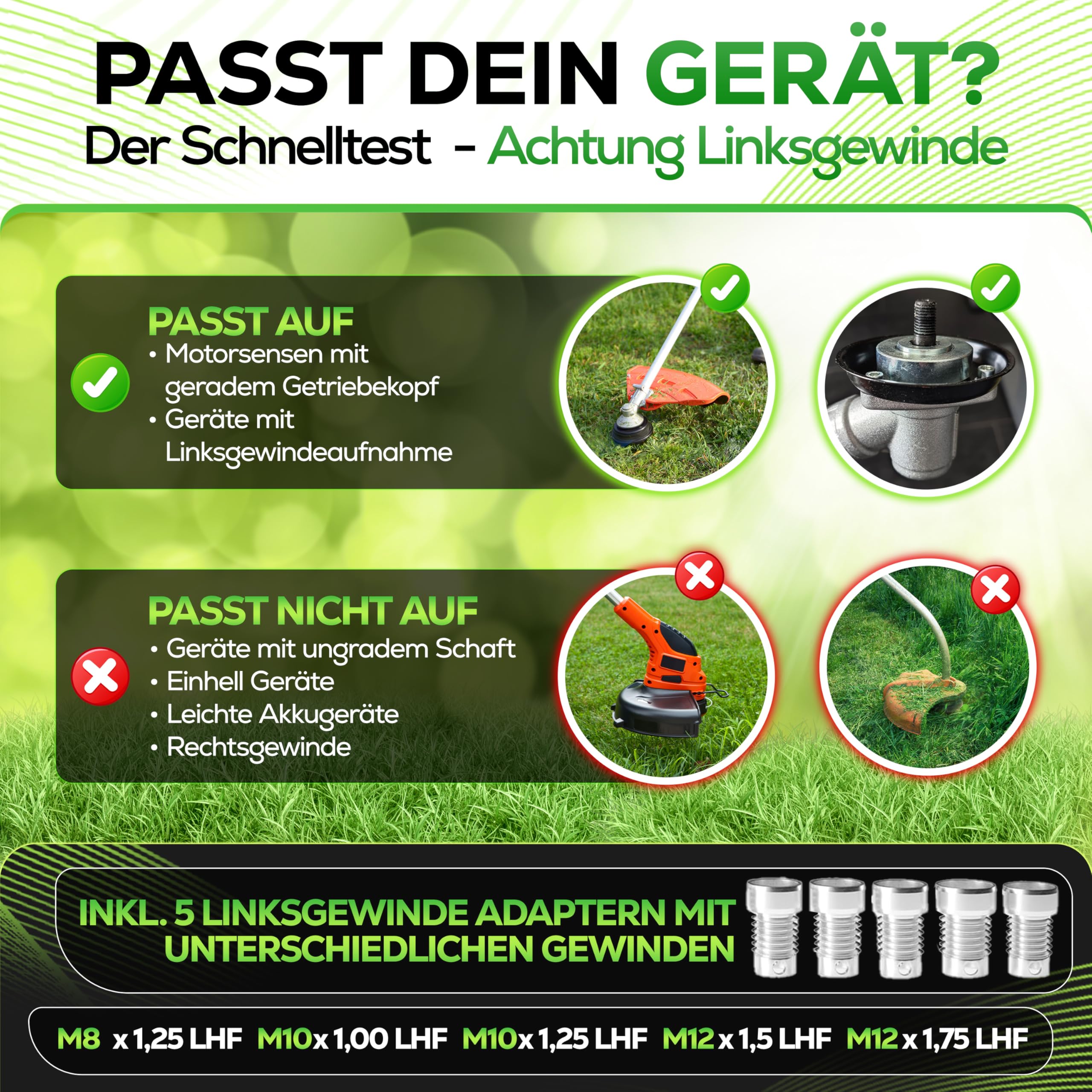 Heckenpracht® Fadenkopf für Motorsense LINKSGEWINDE mit Tap & Go System | Effizientes Rasenmähen mit Mähkopf für Freischneider mit Schnellladefunktion - Fadenspule inkl. 5 Adapter