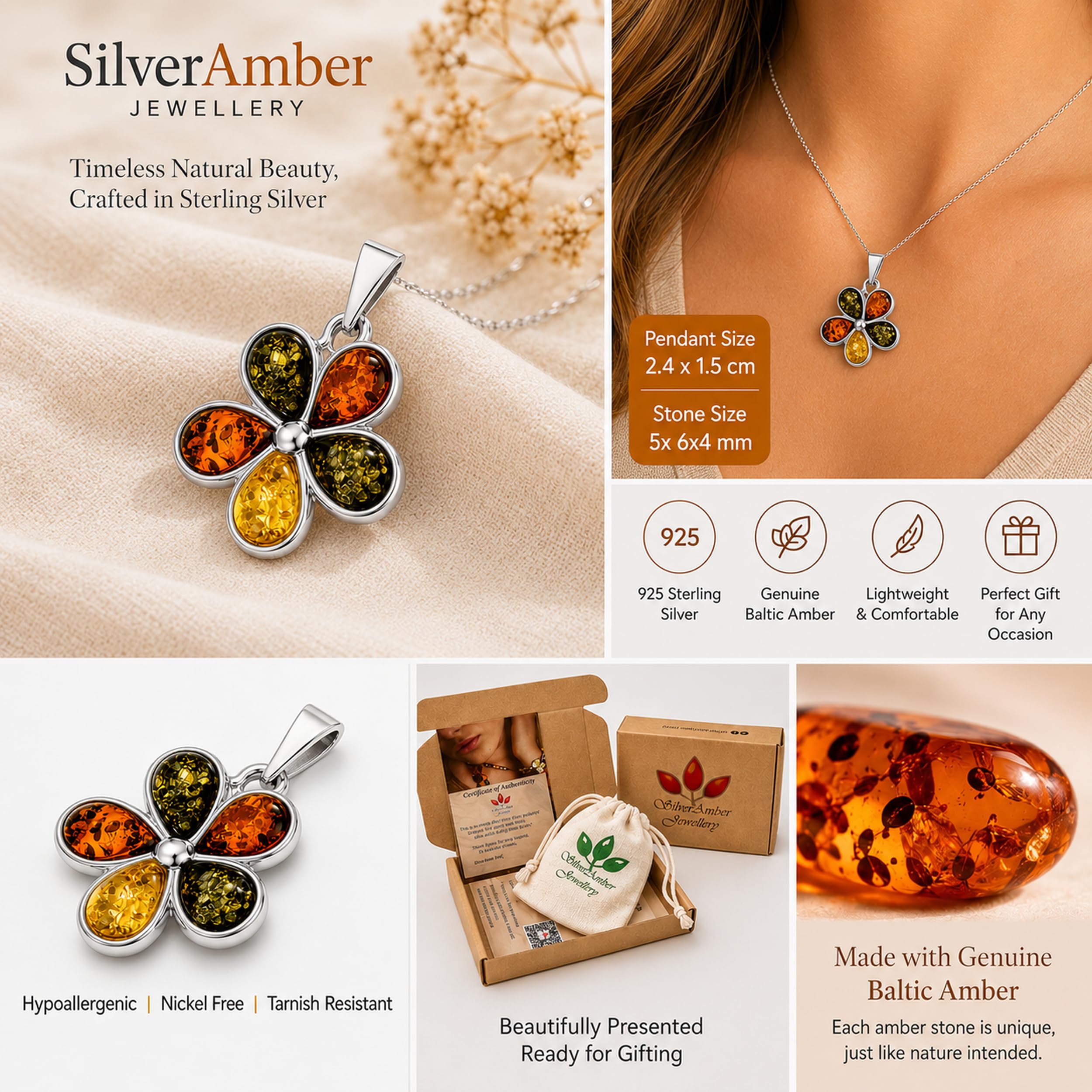 SilverAmber 1665 - Ciondolo da donna in argento 925 con ambra
