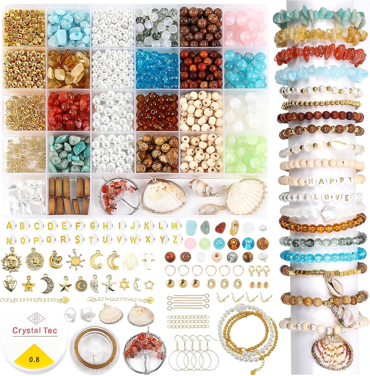 2000Pcs Jewelry Making Kit for Adults Women - Natural Stone Beads, Irregular Gemstone Chips, Pearls & Wooden Beads with 1 Pearl Necklace Gift - DIY Bracelet, Ring, Earring & Necklace Making Supplies