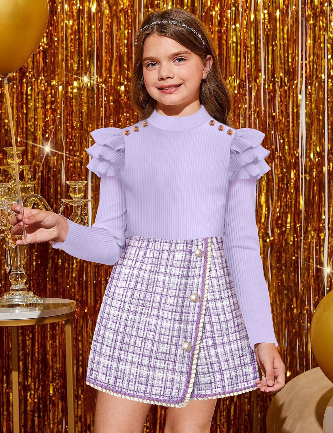 Girls Clothes Skirt Set Fall Winter Long Sleeve Ruffle Top And Plaid Skirt Girls Clothing Set 2 Piece Outfit - Image 3