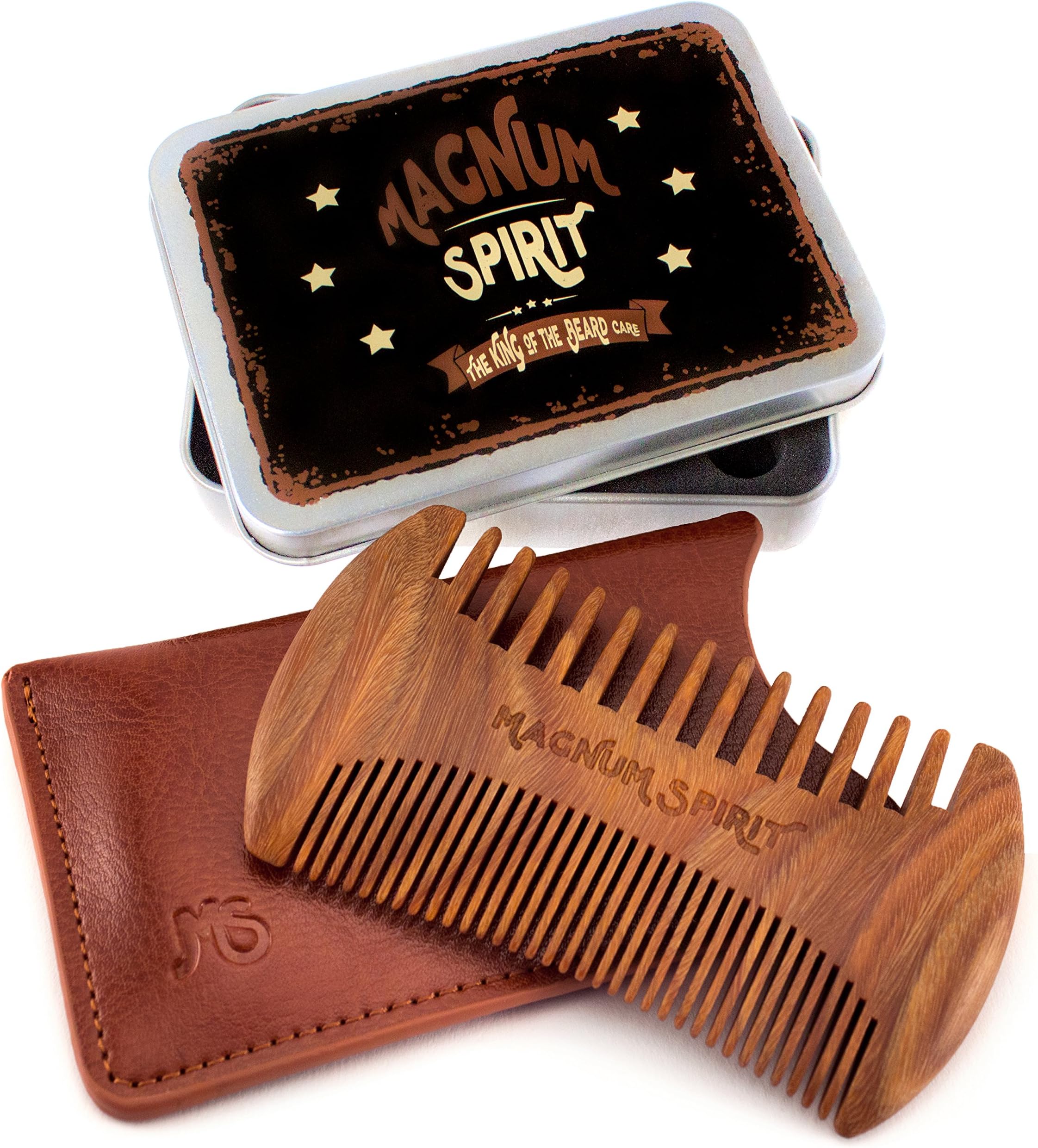Travel Beard Comb & 100% Leather Sleeve & Metal Gift Box - Sandalwood Handmade Wide & Fine Tooth - No Tangle No Snag - Anti-Static & Natural Smell - Unique Design - Also Works for Hair/Mustache