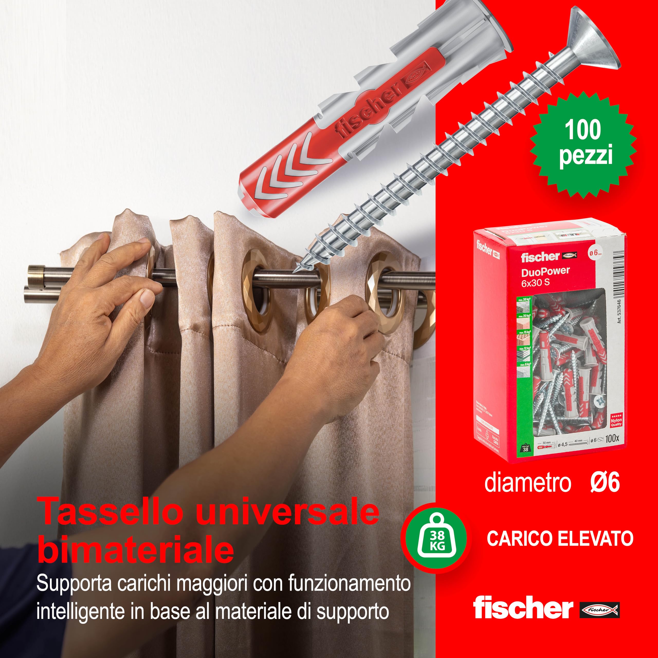 Fischer DuoPower Tasselli con Vite 6x30 mm 100 pezzi per Muro pieno Mattone Forato Cartongesso