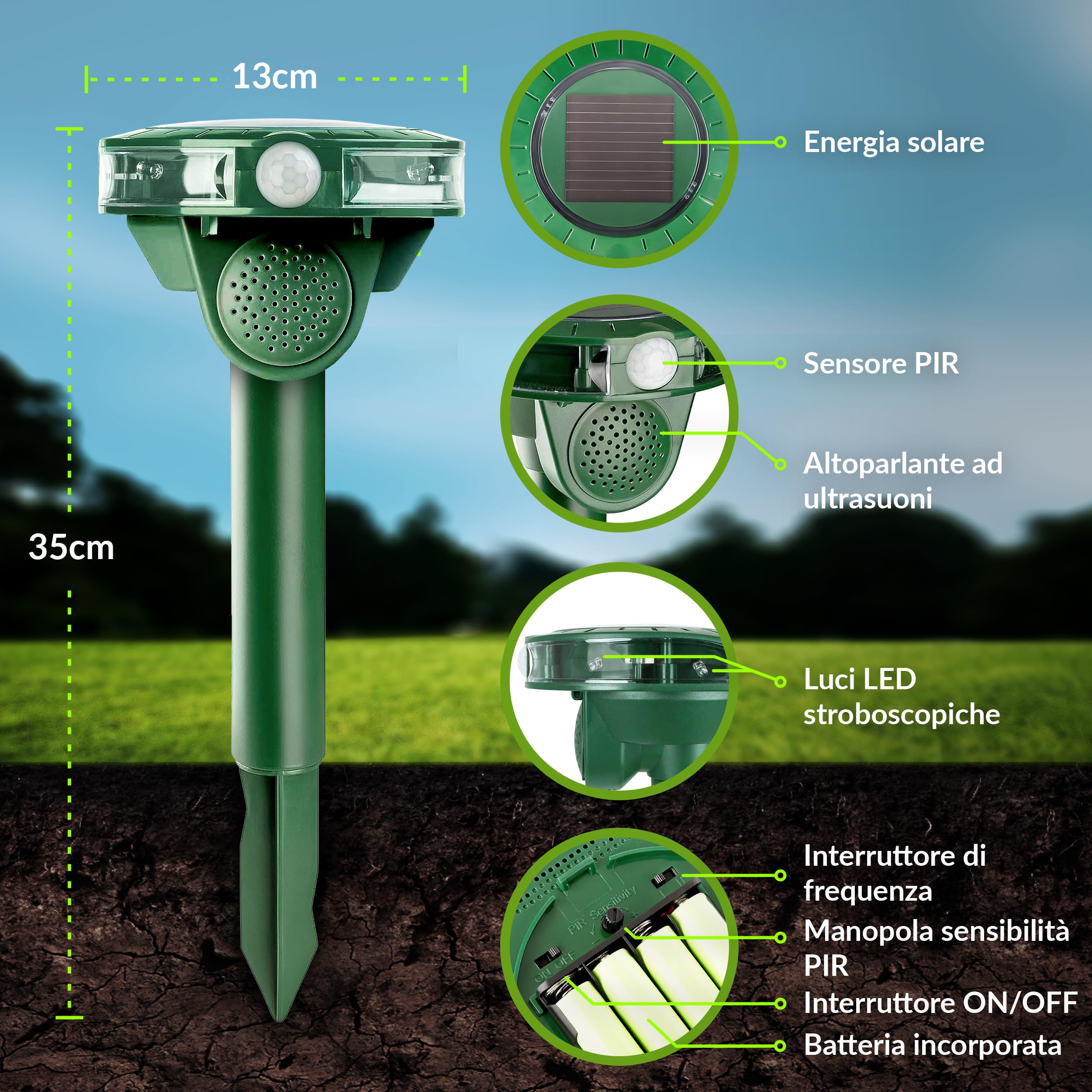 ISOTRONIC repellente animali ultrasuoni gatti cani volpi procioni energia solare picchetto giardino incluso raggio 40m² 2 unità efficace esterno dissuasore protezione difesa ecologico stop mobile
