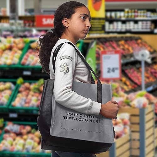 Miniatura 6 de DISCOUNT PROMOS Juego de 50 bolsas de bolsillo no tejidas para compradores, texto personalizable, logotipo, bolsillo frontal, vibrante, reciclable,