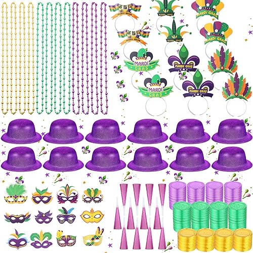 Juego de 160 piezas de accesorios para Mardi Gras 12 máscaras de Mardi Gras 12 cuentas de carnaval a granel 12 sombreros de Mardi Gras 100 monedas