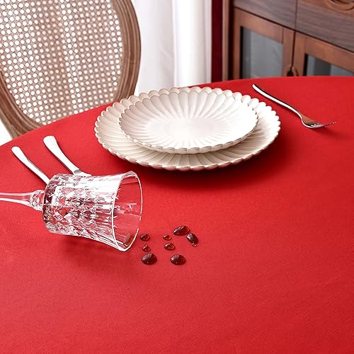 Miniatura 9 de MEANMOY - Mantel redondo de 210 GSM, resistente al agua y a las manchas, en color rojo, para mesa circular - Funda de mesa pequeña de 48 pulgadas,