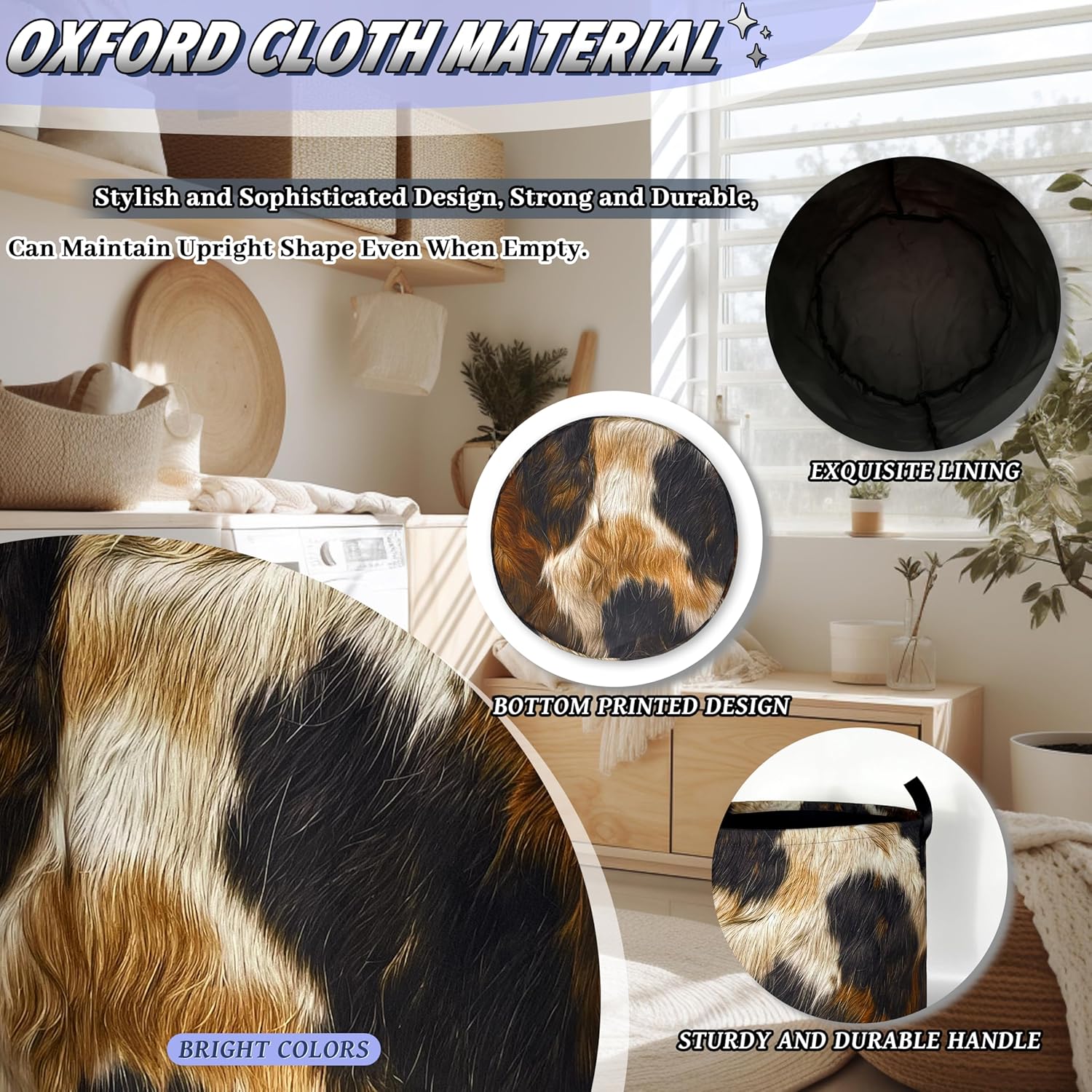 Brown Cow Skin Texture Laundry Basket Foldable Retro Animal Print Laundry Hamper With Handle Oxford Cloth Portable Clothes Storage Basket Laundry Bag 18.9"x16.5" For Laundry Room/Bedroom/Bathrooms