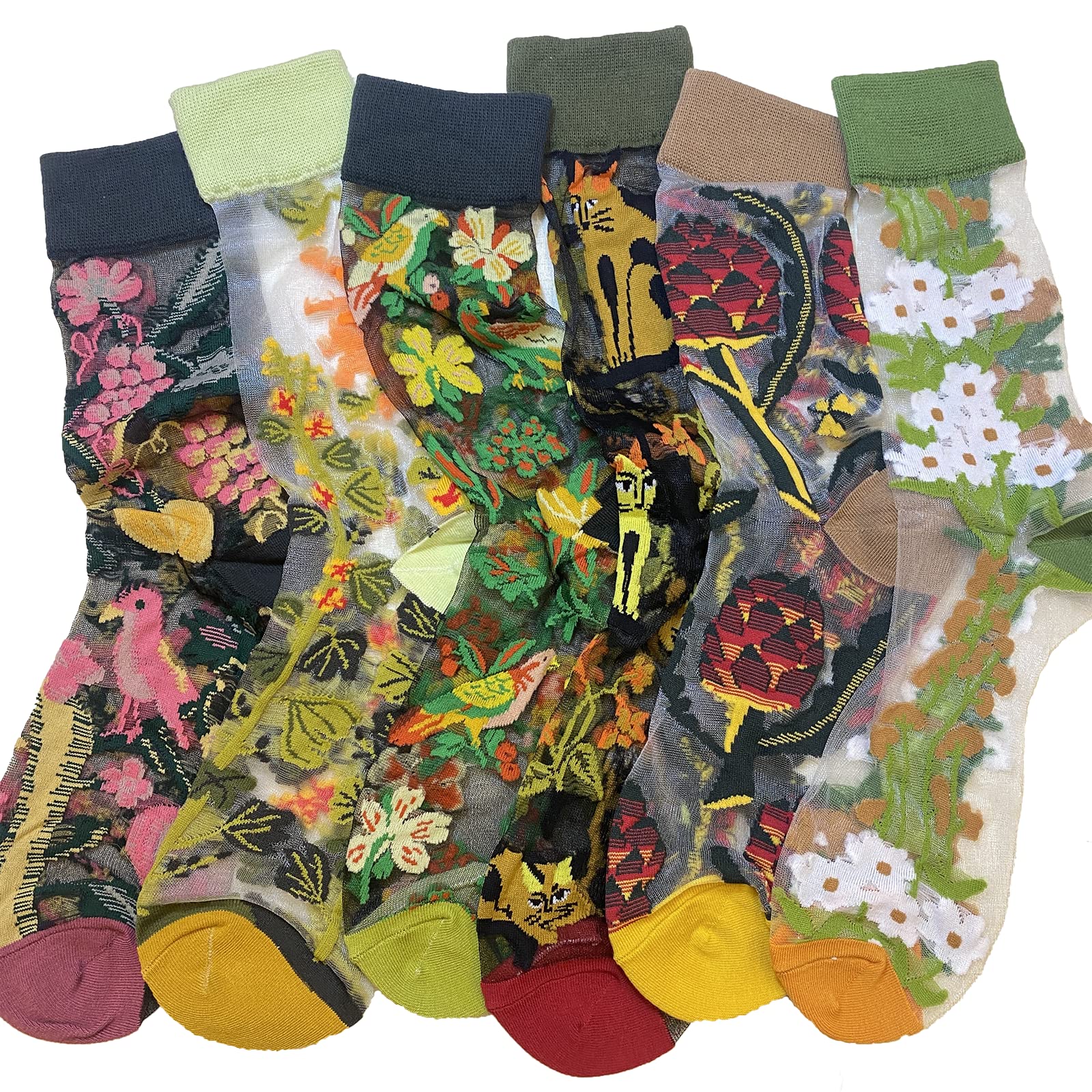 Vintage Sheer Socks,Summer Transparent Flower Ankle, Thin Mesh Lace Elastic Jacquard Glass Silk