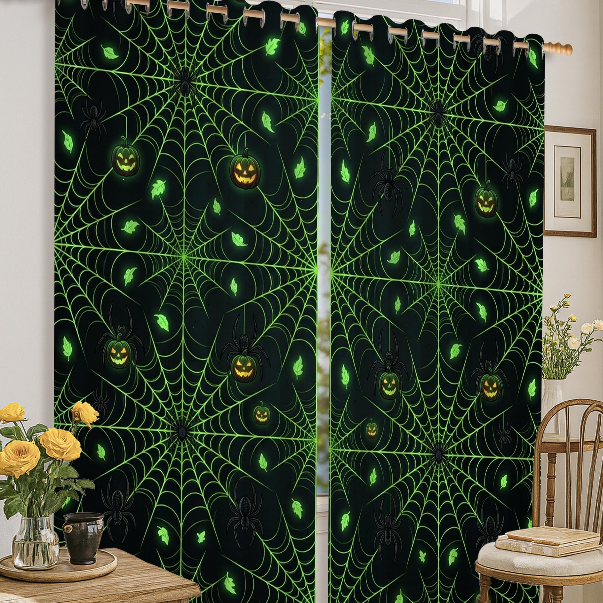 Cortinas opacas con diseño de calabazas, telaraña gótica festiva, Halloween, color negro, con aislamiento térmico, cortinas de privacidad para apartamento, sala de estar, dormitorio, 52 x 63 pulgadas