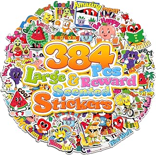 384PCS Scratch and Sniff Stickers for Kids, Large Scented Reward Smelly Fruits Stickers, Motivational Incentive Fun Sticker with Positive Words for Students School Teachers Must Haves, 32 Designs