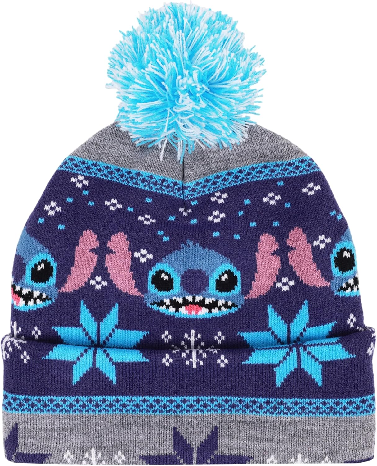 Stitch Fair Isle Knitted Cuffed Holiday Beanie Hat with Stitch Character Face and a Pom Pom, Snowflakes Design, One Size, Multicolor