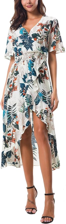 Kormei Womens Short Sleeve Floral Maxi Dress High Low V-Neck Flowy Party Long Dresses