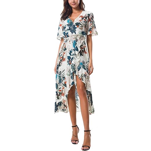 Kormei Womens Short Sleeve Floral Maxi Dress High Low V-Neck Flowy Party Long Dresses