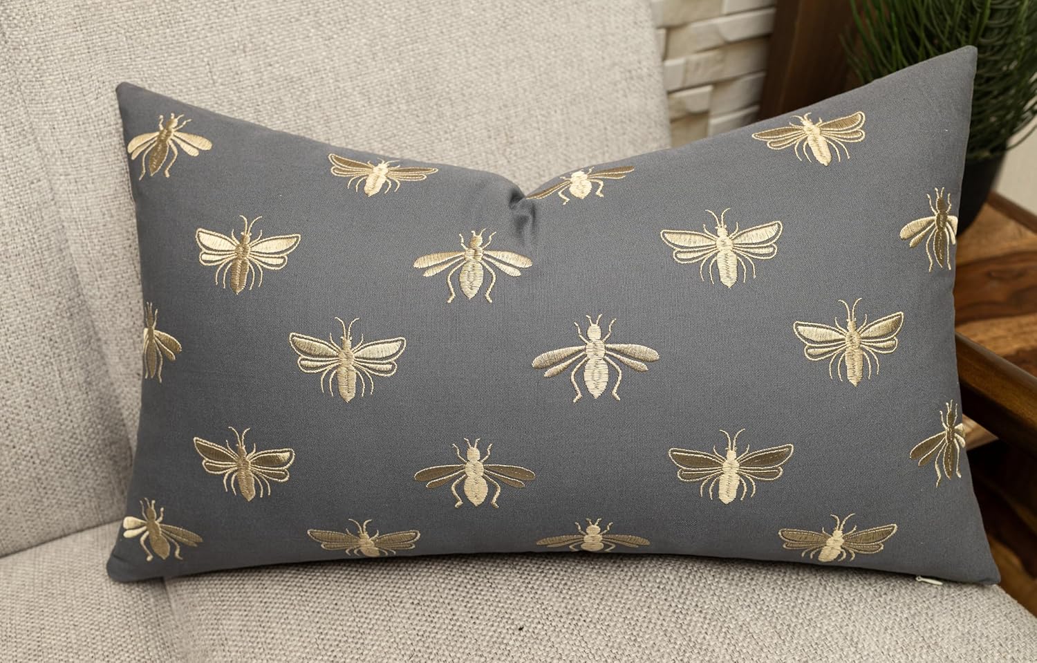 Rudransha Golden Bee Embroidered Lumbar Pillow Cover - 14x24 Dark Grey Cotton - Decorative Accent for Sofa & Bedding
