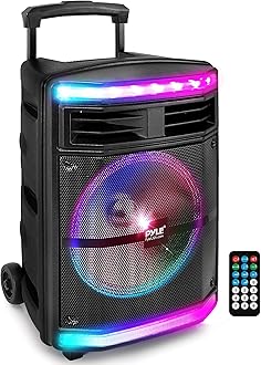Pyle, Portable PA Speaker, Bluetooth- Loudspeakers, with Rolling Wheels, 600W Rechargeable Battery, Portable Pa System, DJ Speakers, Powerful Loudspeaker with Party Lights, MP3/USB/SD Card Reader