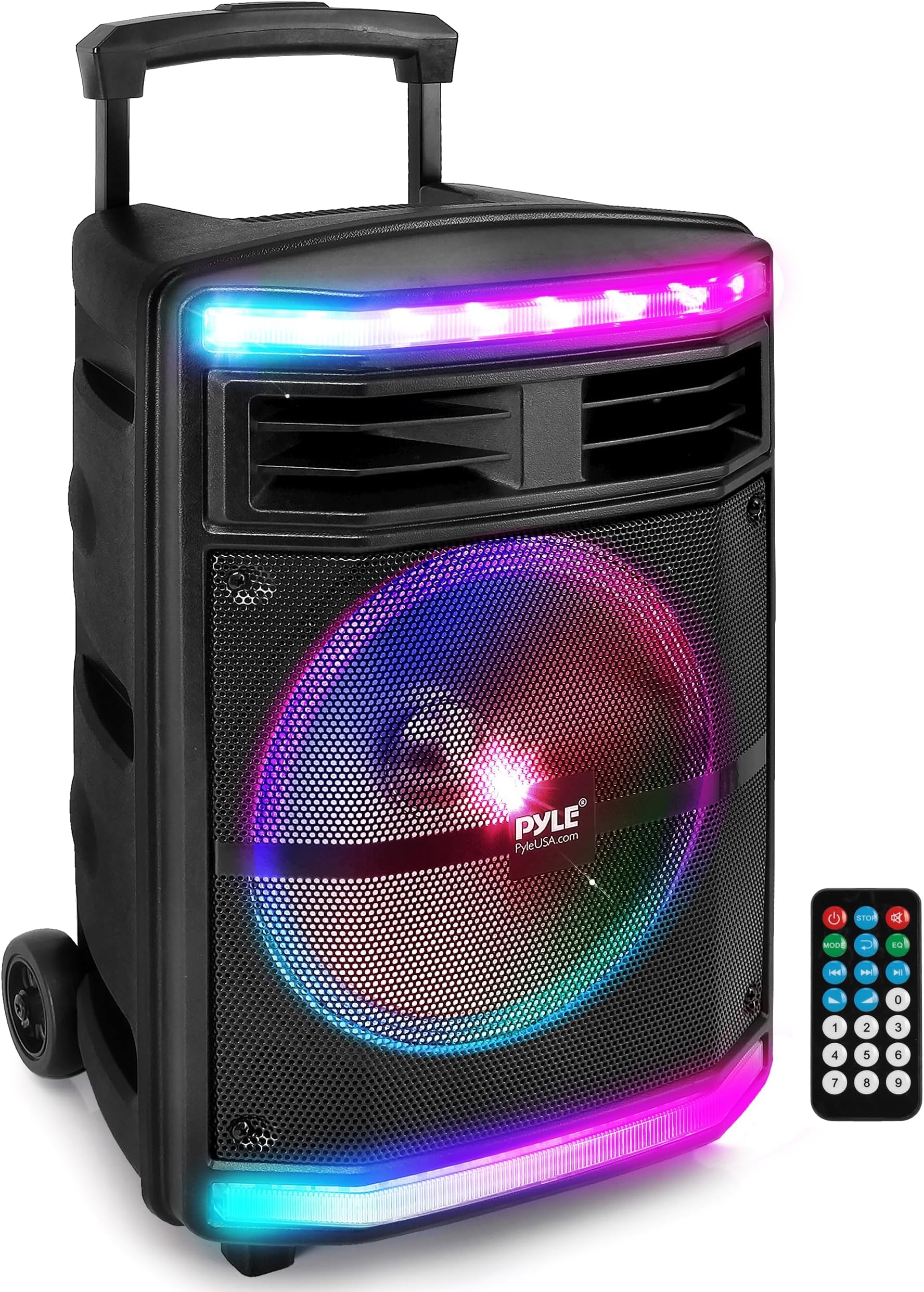 Pyle, Portable PA Speaker, Bluetooth Loudspeakers with Rolling Wheels, 600W Rechargeable Battery, Portable Pa System, DJ Speakers, Powerful Loudspeaker with Party Lights, MP3/USB/SD Card Reader