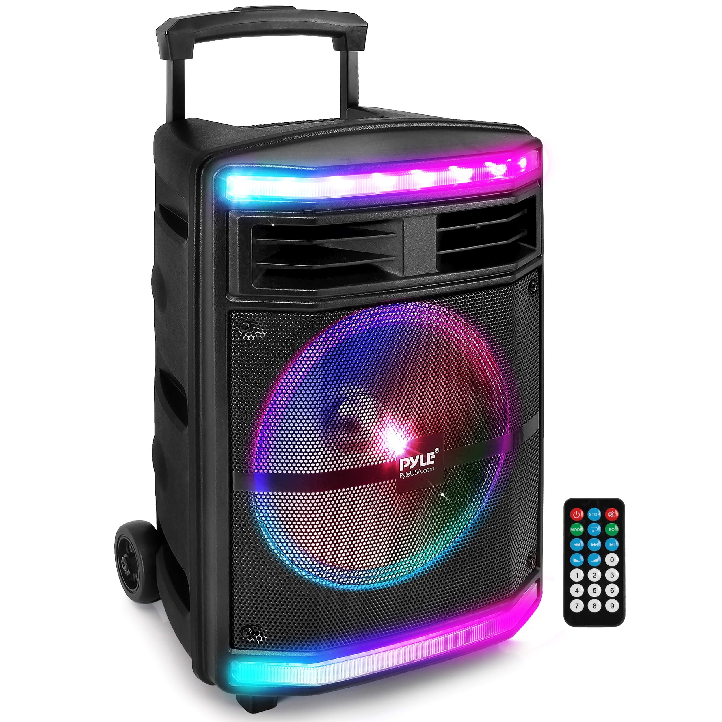 PylePortable PA Speaker, Bluetooth- Loudspeakers, with Rolling Wheels, 600W Rechargeable Battery, Portable Pa System, DJ Speakers, Powerful Loudspeaker with Party Lights, MP3/USB/SD Card Reader