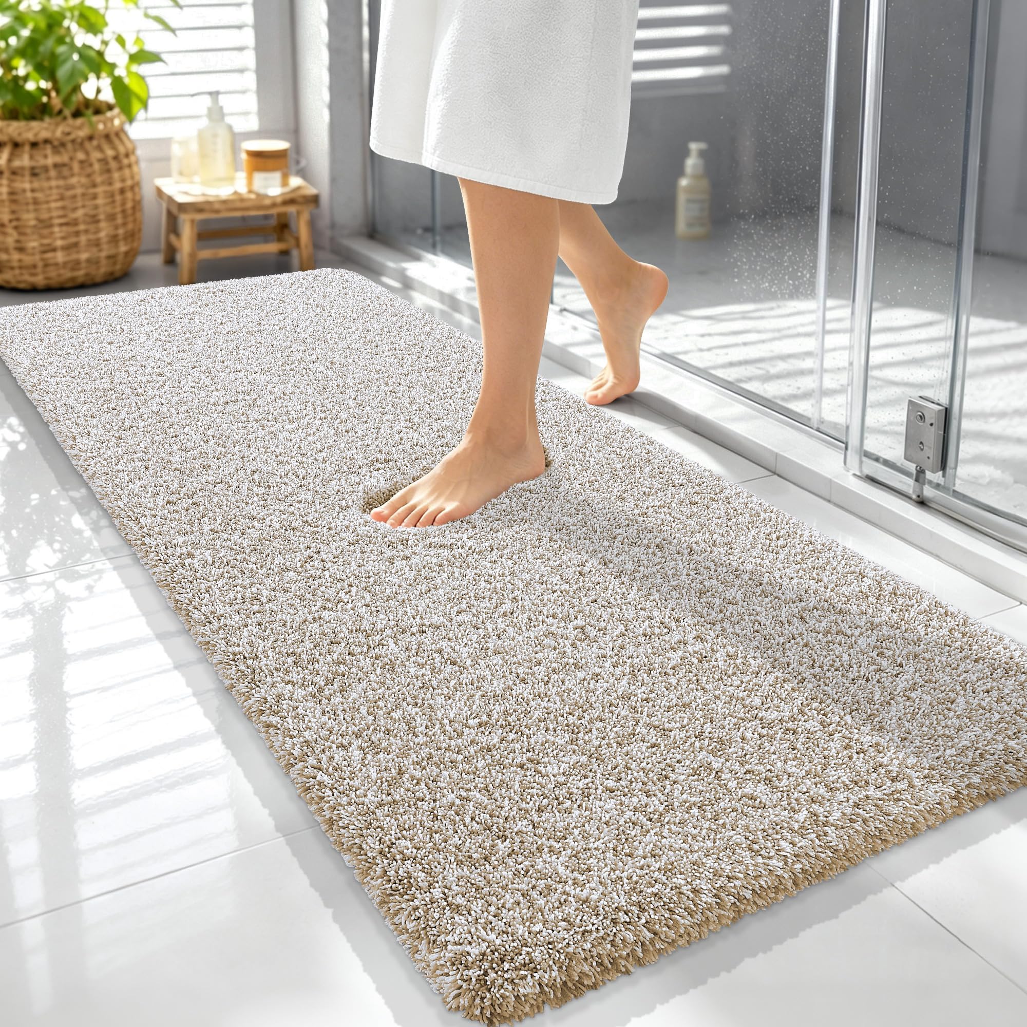 OLANLY Microfiber Bathroom Rugs 59x24, Quick Dry Bath Mat, Beige and White