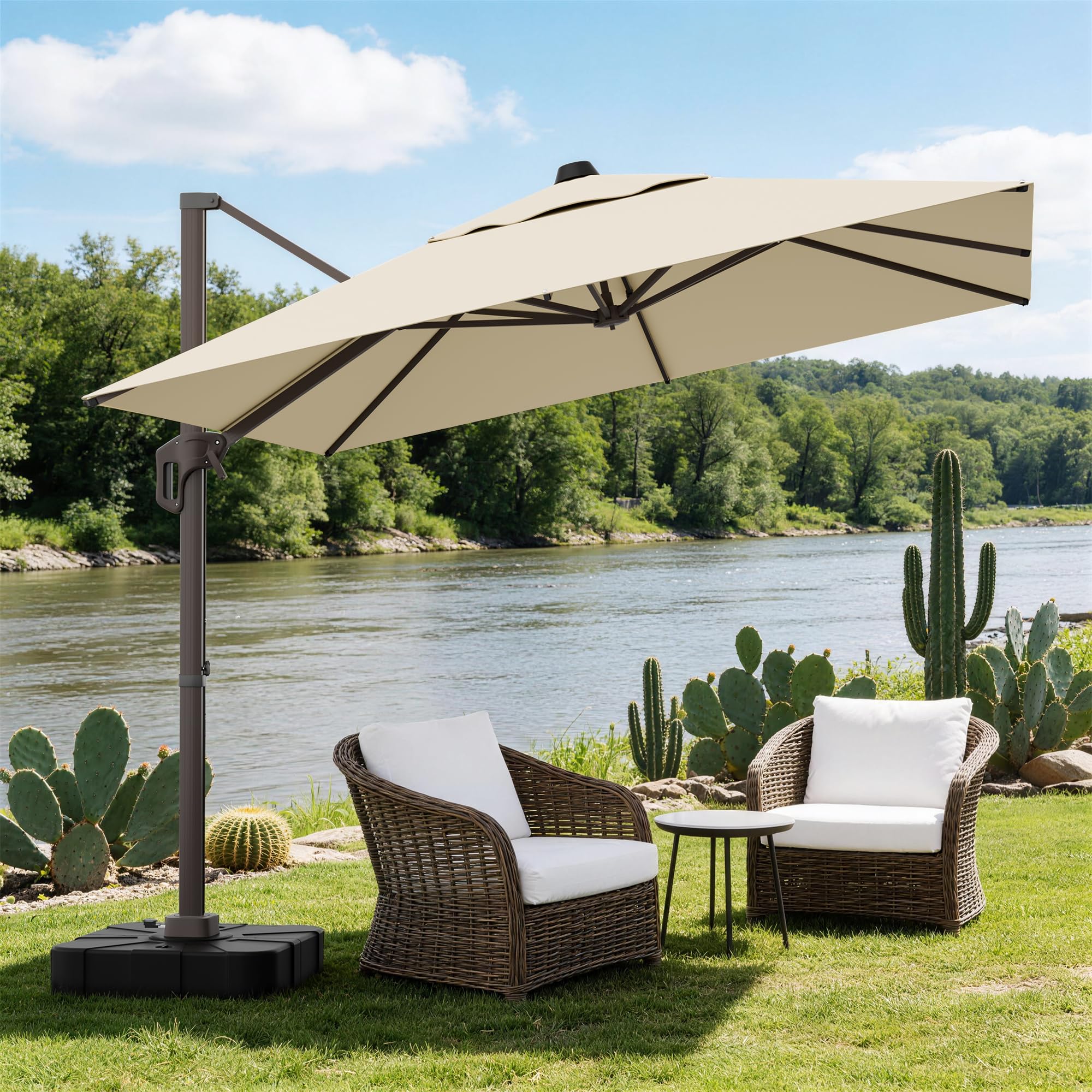 UMBFUN Sonnenschirm 300 x 400 cm mit Fußpedal und Kreuzsockel,Groß Ampelschirm,Kurbel Doppeldach Gartenschirm mit 360° Drehbar für Terrasse,Pool,Outdoor,Balkon Sonnenschutz