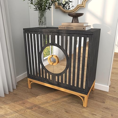 Miniatura 9 de Deco 79 Armario geométrico de madera para habitación con 1 estante y 2 puertas, gabinete de almacenamiento, 32 x 16 x 32 pulgadas, negro