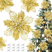 36 Pcs Christmas Glitter Poinsettia Flowers Artificial Flower Ornaments Fake Flower Christmas Tree Decorations Glitzy Poinsettia with Clips for DIY Xmas Wreaths Holiday Home Party Decor Gold