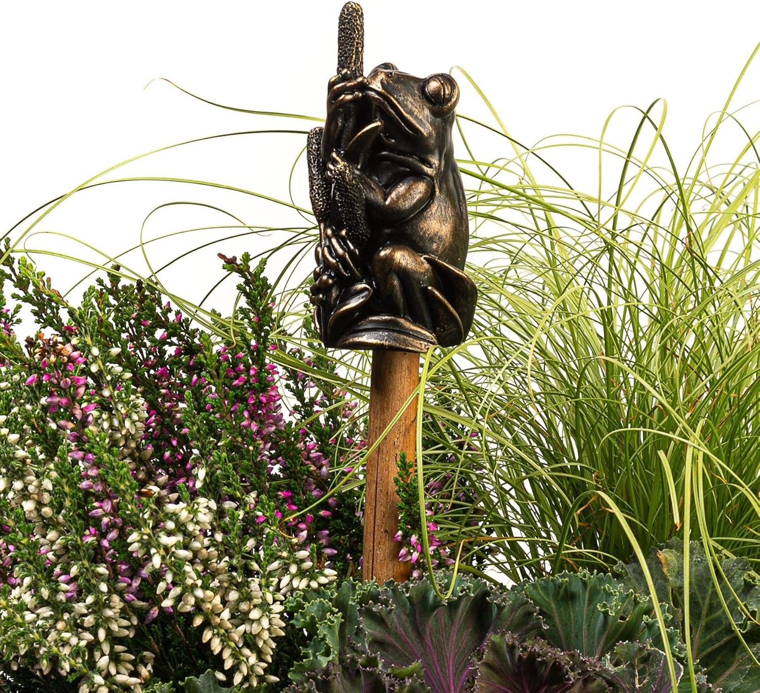 Potty Feet Cane Companions Frog On Bullrush Stake Topper - Handmade Flower Pot Ornament - Yard Art Outdoor Figurine
