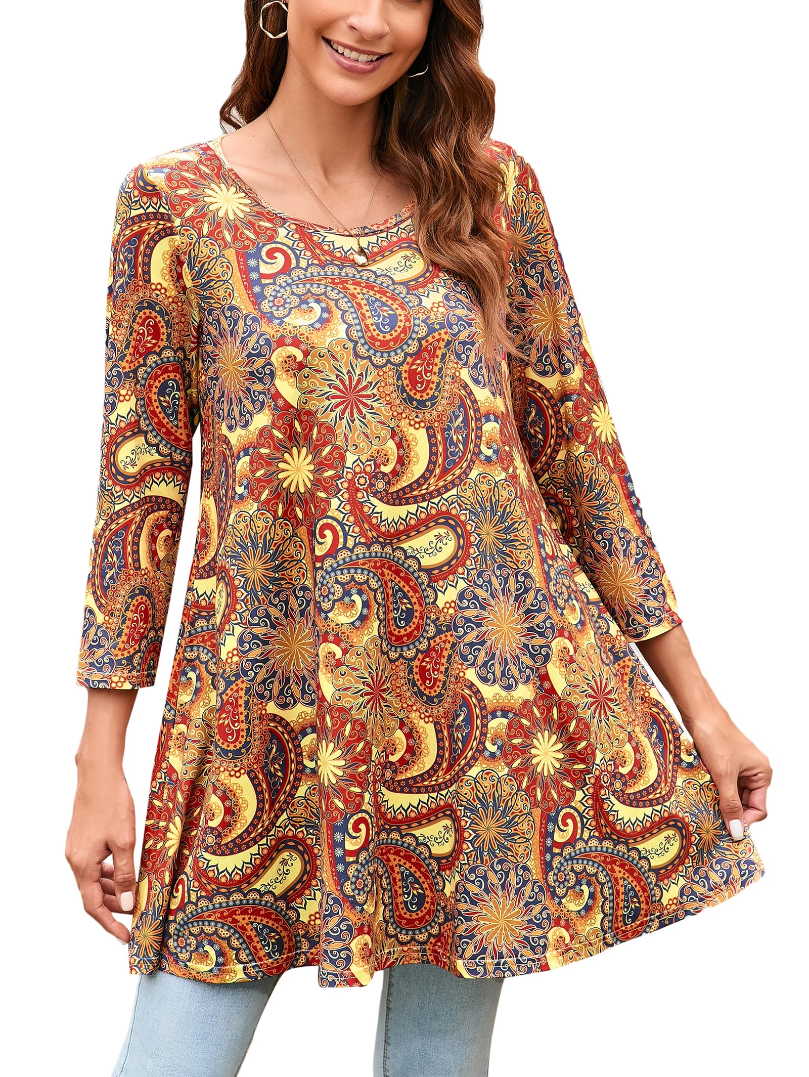 ENMAIN Women's Tunic Top 3/4 Sleeve Plus Size Tunic Tops to Wear with Leggings Ladies Casual Swing Dressy Blouses