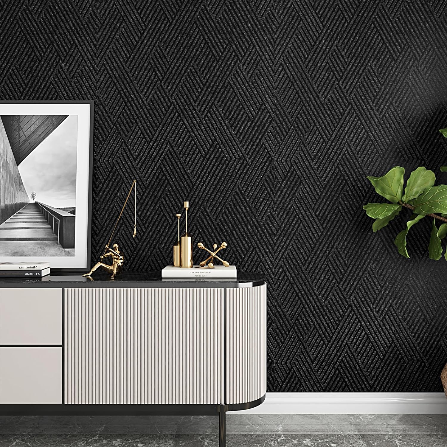 Decotalk 30"x120" Textured Peel and Stick Wallpaper Black Geometric - Peel and Stick Wallpaper Textured Black Wall Paper for Bedroom Dark Contact Paper Cabinet Vinyl Wrap, Easy to Use
