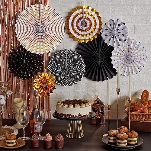 Miniatura 6 de SUNBEAUTY Abanicos de papel dorados y negros para fondo de fiesta de té, boda, primavera, cumpleaños, aula, baby shower, Halloween, decoración