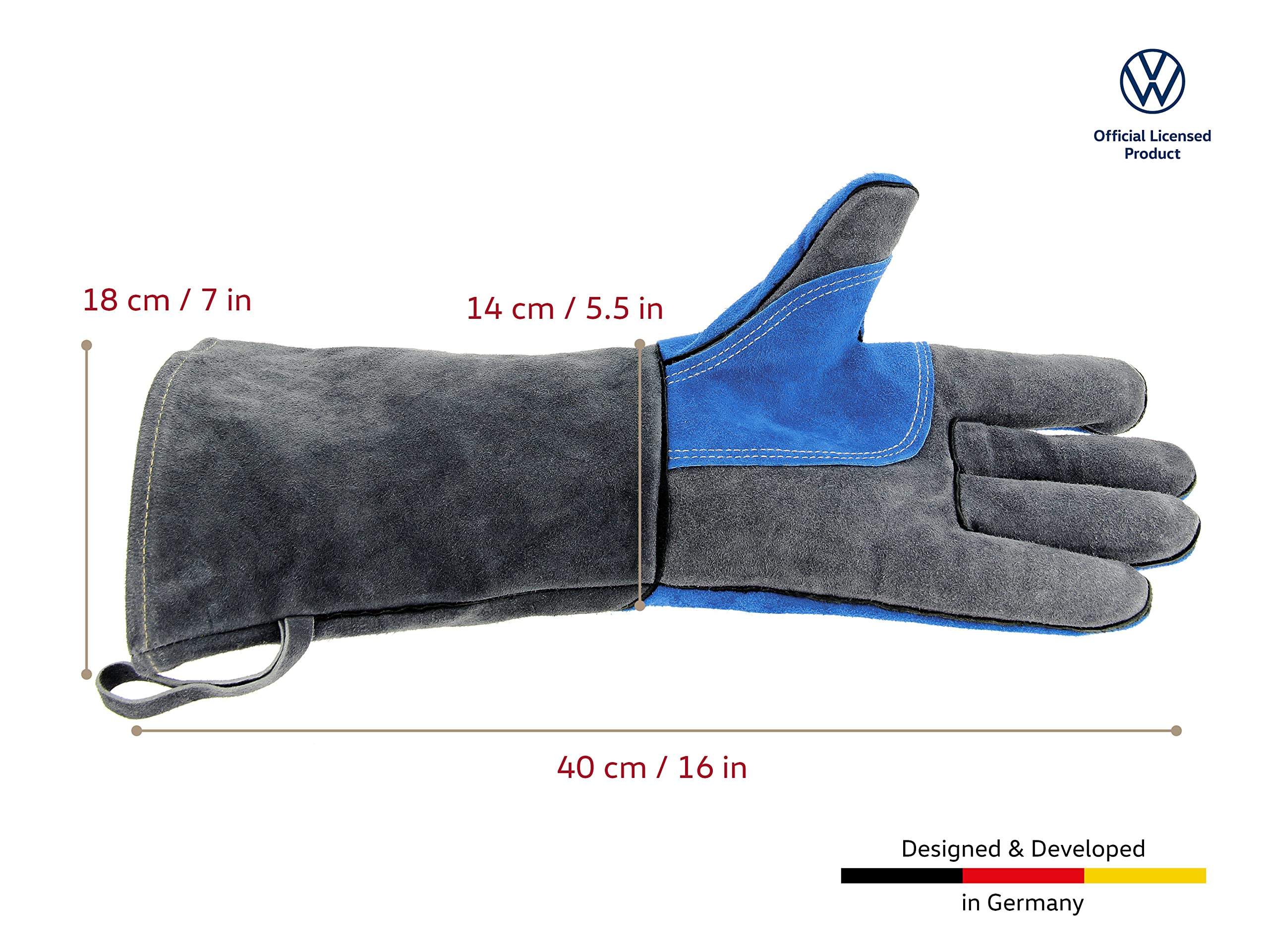 BRISA VW Collection - T1 Bus Pulmino Guanti Barbecue in Pelle Bovina | Volkswagen Protezione Mani e Avambracci per Grill, Resistente al Calore 500°C, Kevlar, Fodera in Cotone, passante, Blu