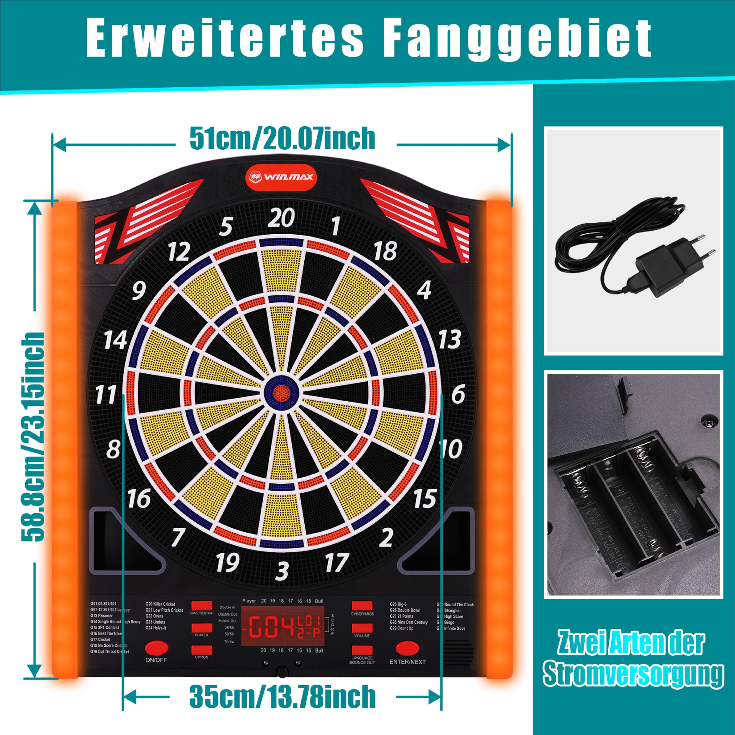 WIN.MAX Elektronische Dartscheibe Profi Set mit Laser Throw/Toe Line Marker mit Deutsche Stimme-Geeignet für Batterien/Adapter für 1 bis 8 Spieler mit 12 Darts