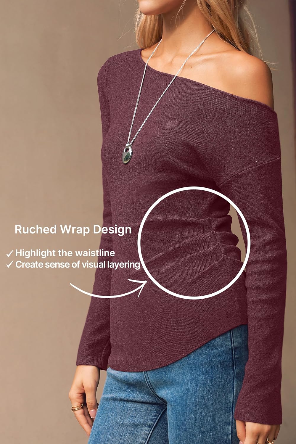 Arach&Cloz Women's Wool Blend Off The Shoulder Sweaters Ruched Slim Fit Date Top 2026 - Image 4