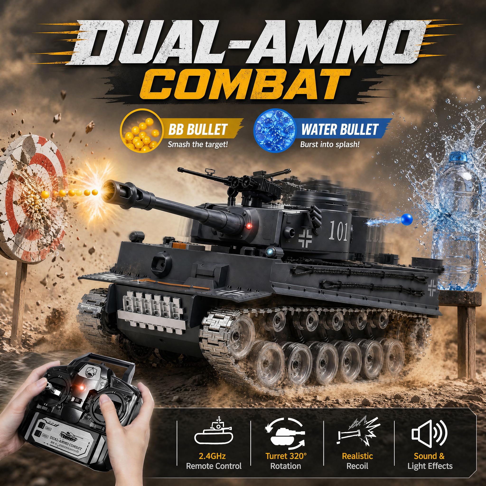 Tanque RC Tiger 1:18 Orugas Metálicas – Retroceso Realista Disparo Agua 2.4GHz | Tanque Teledirigido Militar Juguete Regalo Niño 8 Años | Kit Completo