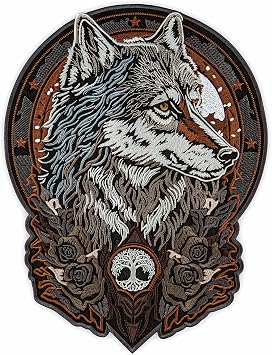 EMBROVERSE Totem Wolf with Tree of Life Large Back Patch - Ancient Druid Animal Emblem, Embroidered Iron-On for Jackets - 9.5 x 12.5 inches