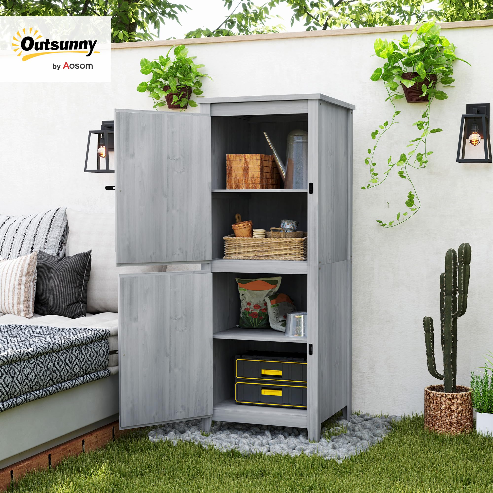 Outsunny Gartenschrank Holz Wetterfest Geräteschrank 60x60x160cm Hellgrau | Geräteschuppen, Gartenschuppen mit Ablagen, Doppeltür, Abschließbar, Gerätehaus Werkzeugschrank, Draußen Schrank