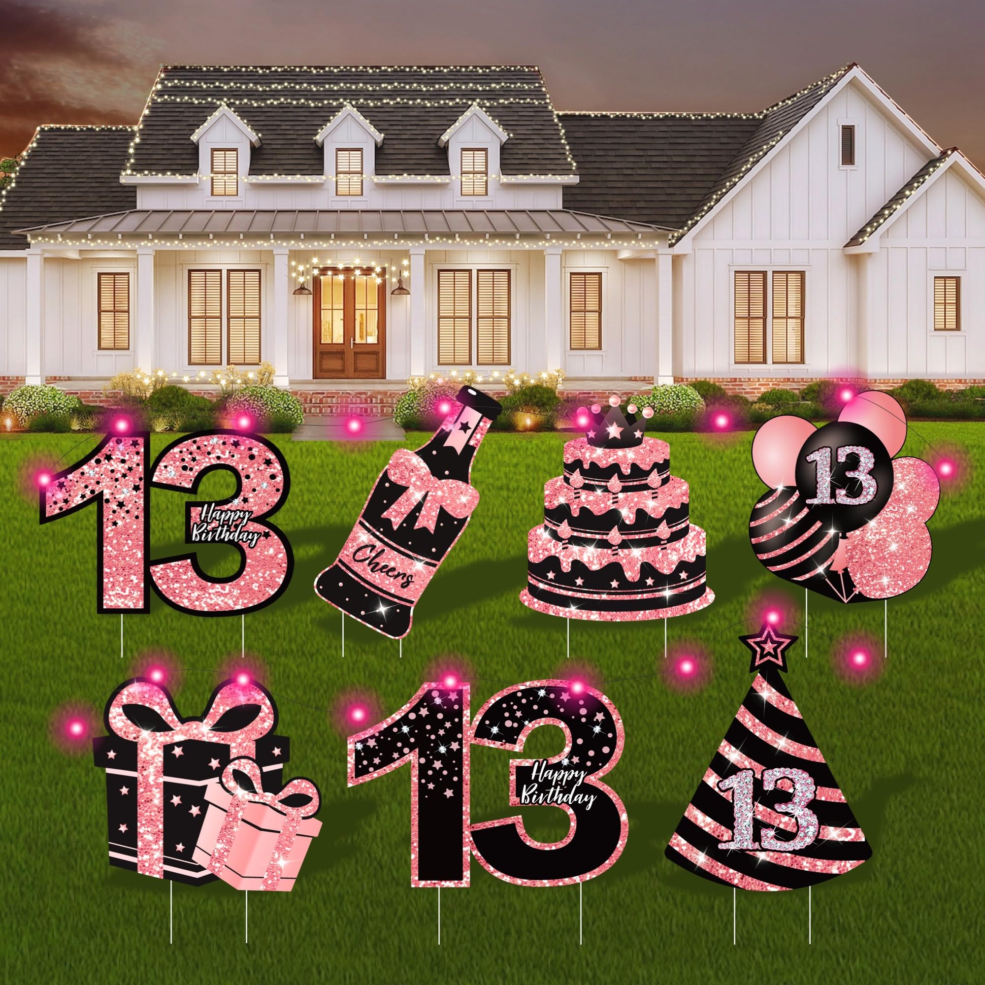 13th Birthday Decorations for Girls - 7 Pcs Pink Birthday Yard Signs with Stakes, 2 Pcs LED Lights, Sparkling at Night, Weatherproof, Perfect Outdoor Lawn 13th Birthday Decorations