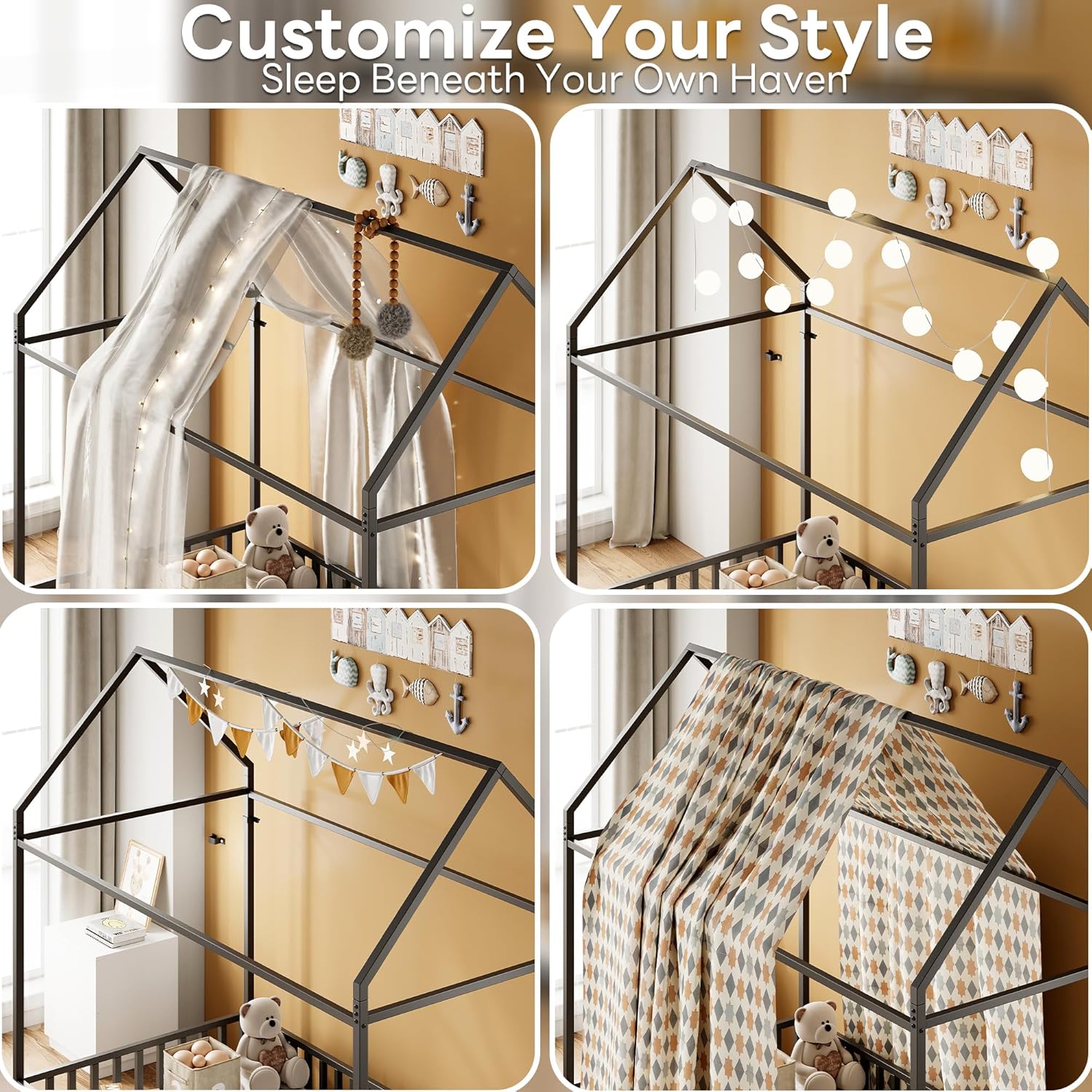 LIKIMIO Twin Floor Bed Frame with Roof & Fence Guardrails Metal House Bed for Bedroom, Easy Assemble, No Box Spring Needed, Black