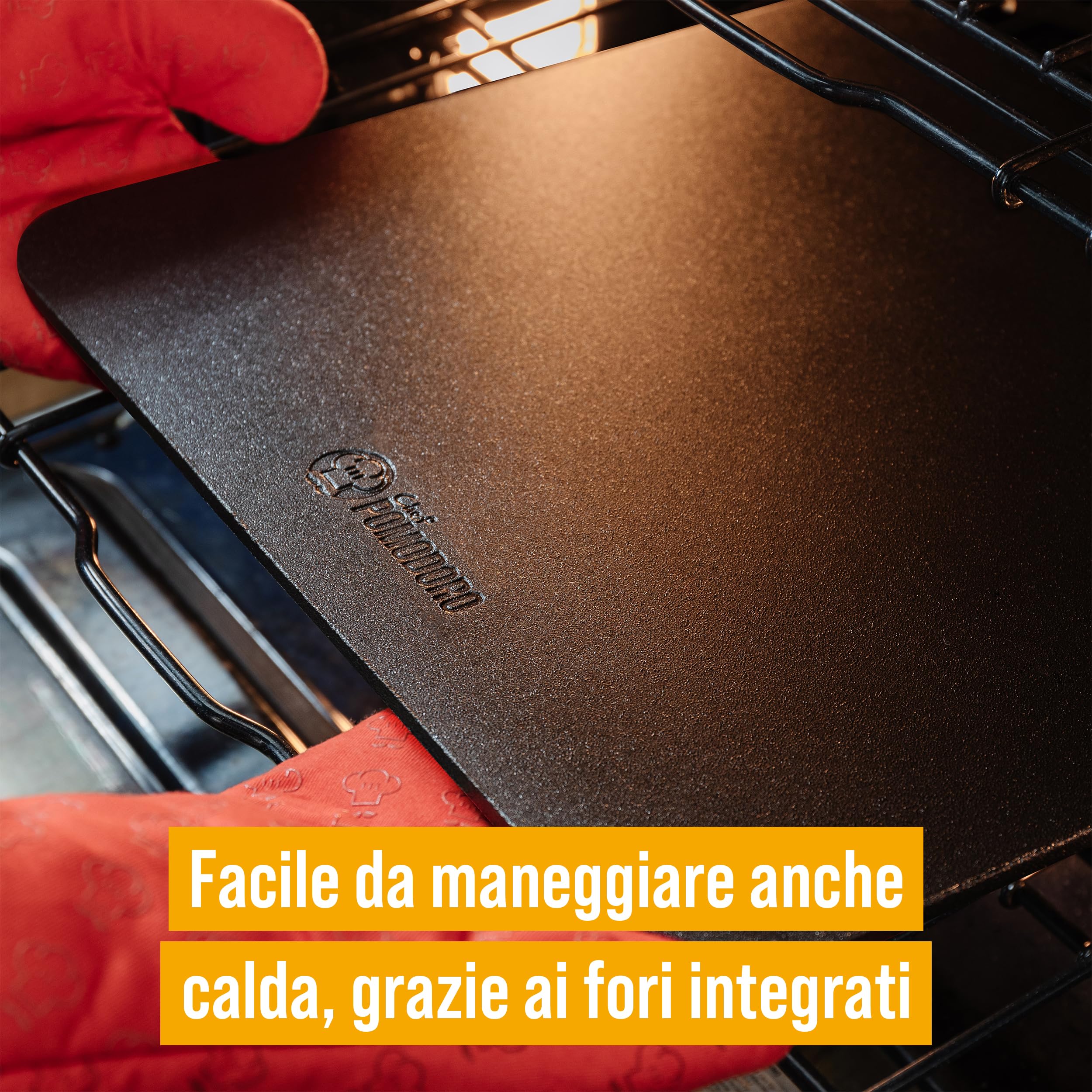 Chef Pomodoro Pietra Refrattaria per Pizza da Forno 40,6 x 40,6 cm, (6,35 mm), Pietra Pizza Barbecue, Piastra Forno Refrattaria, per forno elettrico di casa, in acciaio con fori per sollevamento