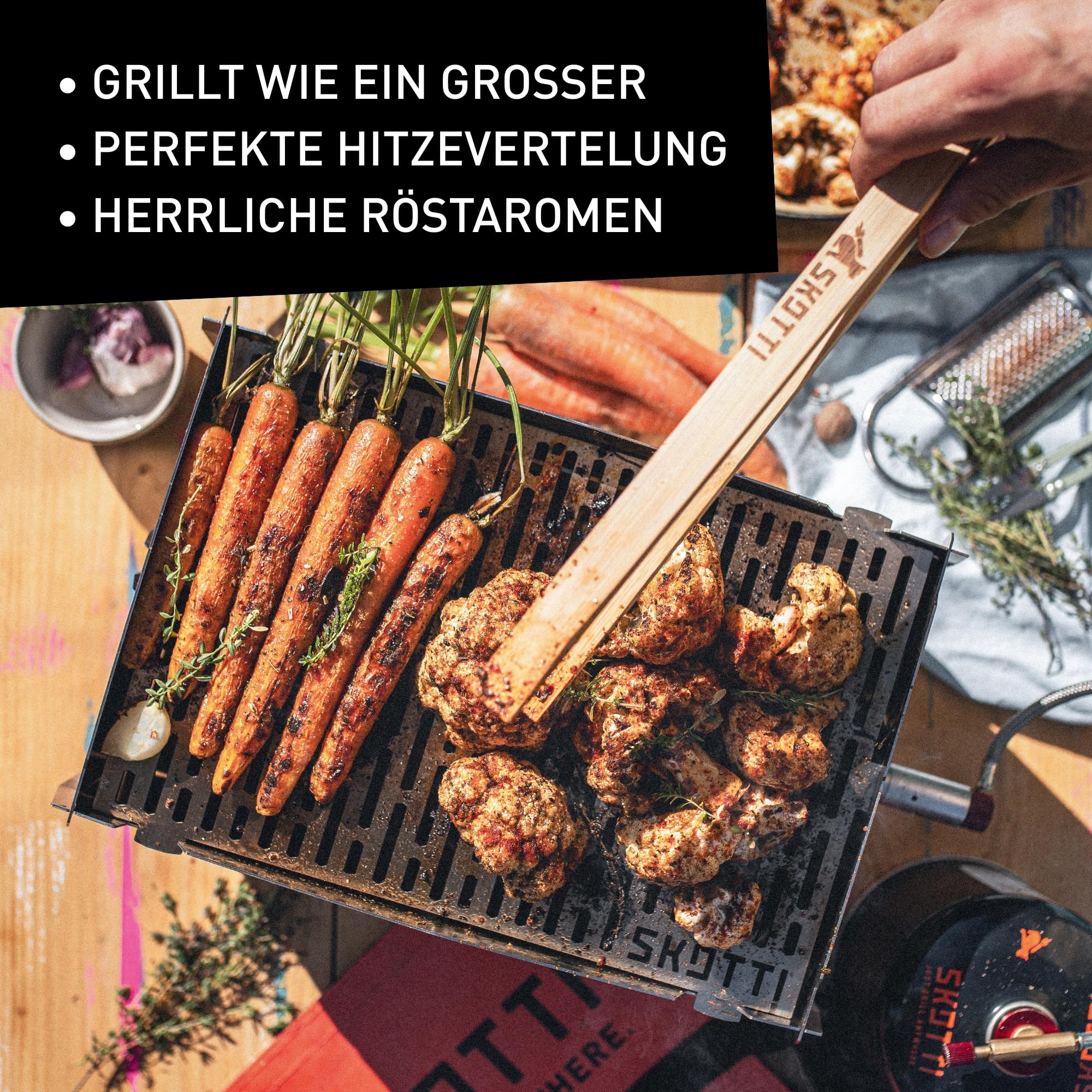 SKOTTI Grill Gas, Camping Grill Gas klein, Ideal für Camping, Festival oder Balkon, Gasgrill für Gaskartuschen, Kleiner faltbarer Campinggrill, Steckbarer Campingkocher für Grillen und Kochen