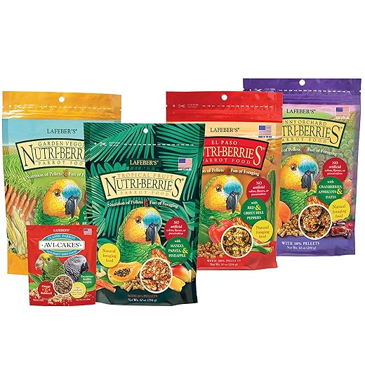 LAFEBER'S Nutri-Berries Pet Bird Food Variety Sampler Bundles, Made with Non-GMO and Human-Grade Ingredients, for Parrots, 10 oz. Each (4 Pk Bundle) with Free Avi-Cake Sample