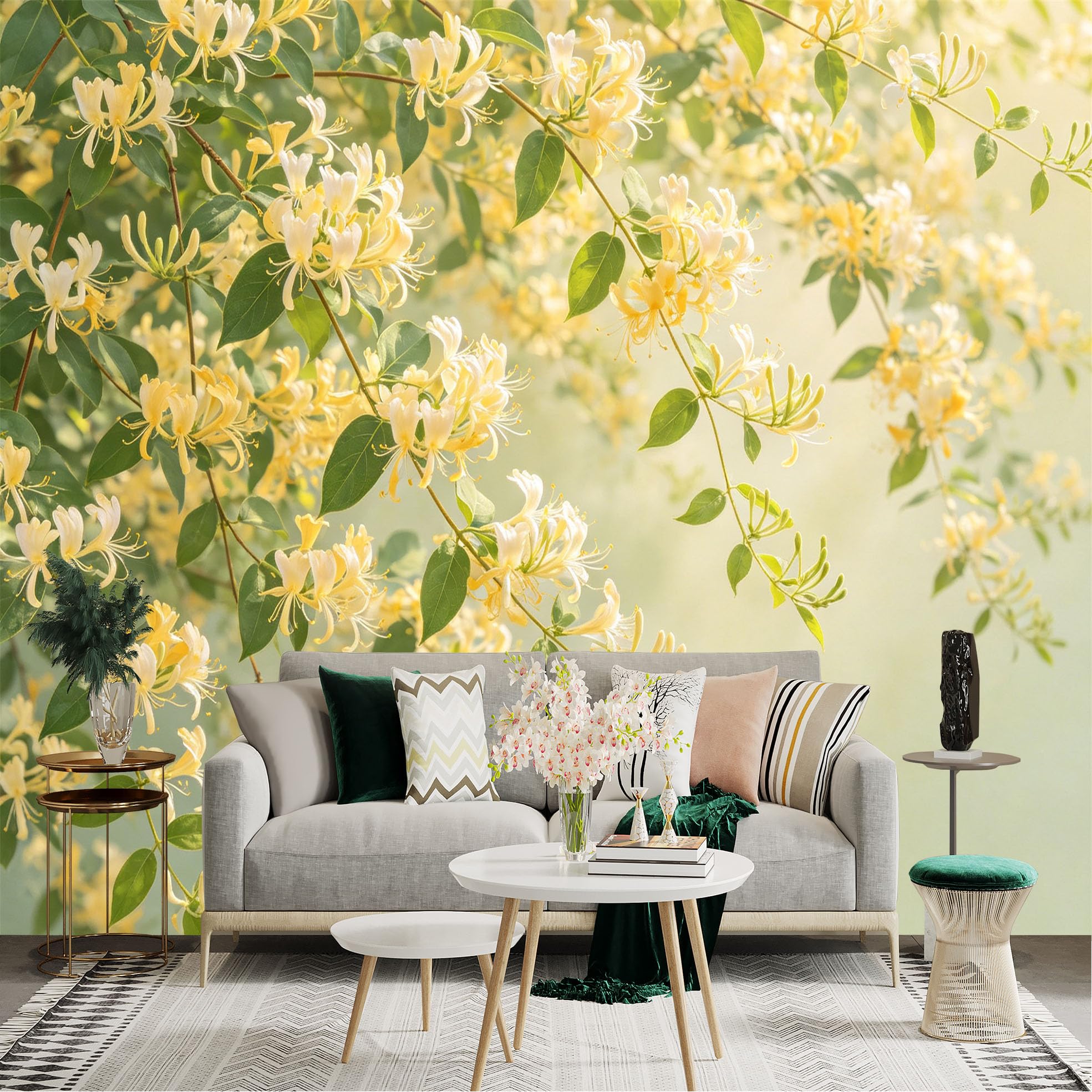 Lnzczhyre Dbh260521131 Custom Size Wall Sticker Mural， Yellow Honeysuckle Blooms， Delicate Botanical Twigs， Soft Sunny Garden Atmosphere， Floral Nature Art， For Wall Decoration， Peelandstick Wall Decals.