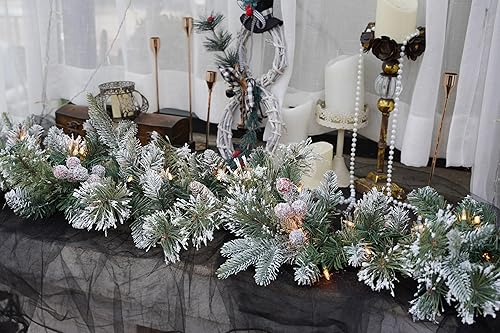 Miniatura 5 de Guirnalda de Navidad artificial preiluminada, guirnalda nevada, luces blancas 50, decorada con conos de pino, racimos de bayas, aguja de pino,
